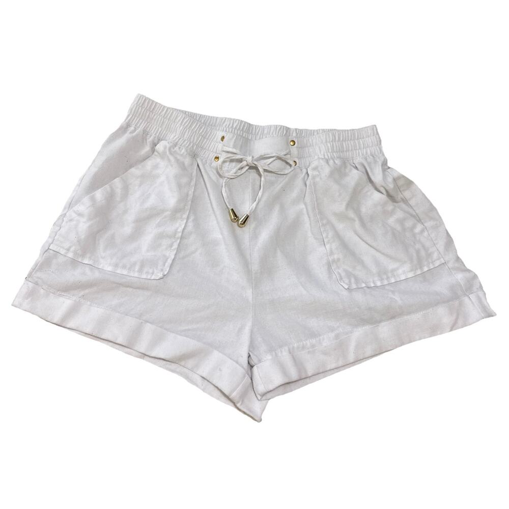 Simply Blessed White Linen Blend Shorts W/gold finishes pockets Beach Costal